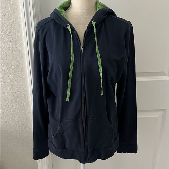Talbots Navy Hoodie Lime Polka Dot Interior Hood and Pulls Pockets - Picture 1 of 10